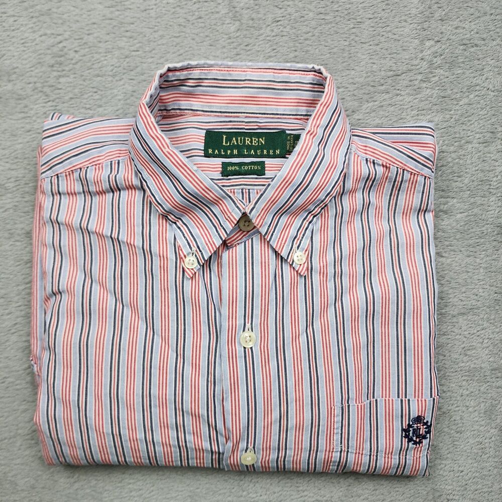 Lauren Ralph Lauren Mens 15.5 32 33 Red Blue Stripe Shirt Button Down Cotton